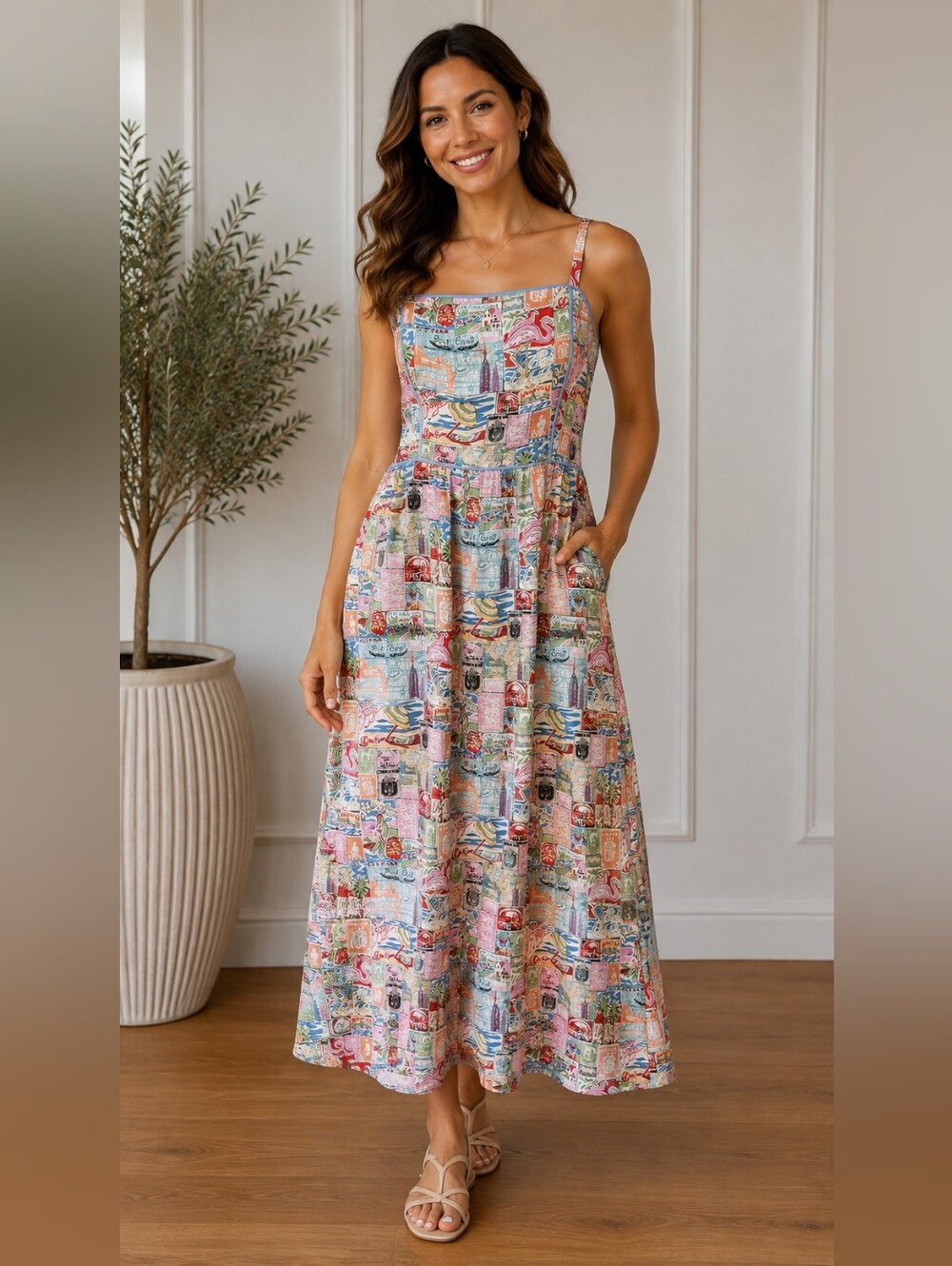 Printed Postcard Long Summer Dress in Multi-Color